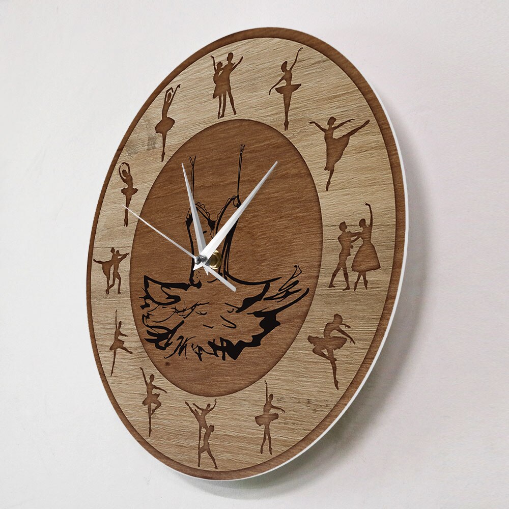 Ballet Time Ballerina Dancers Art Wood Texture Acrylic Printed Wall Clock Ballet TUTU Dress Girl Room Silent Hanging Wall Watch