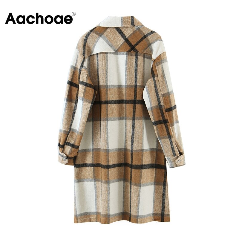 Aachoae dames lange geruite jas met omslagkraag, casual dames wollen jassen, vleermuismouwen, losse zakken, herfst/lente