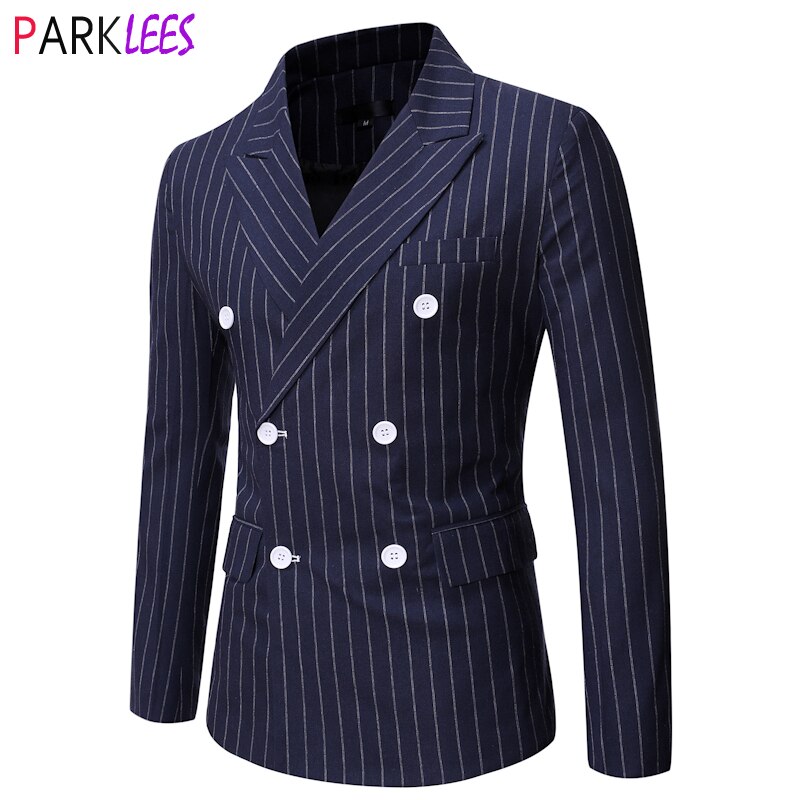Men's Double Brested Pinstripe Suit Jacket Brand Slim Fit Notched Lapel Dress Blazer Men Casual Business Formal Blazer Masculino
