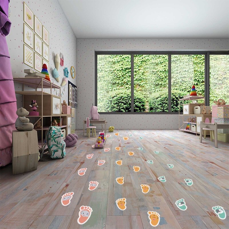 30 Pairs Cartoon Kids Floor Stickers Self-Adhesive Decals Social Distance Cute Footprint Decor for Room Party Nursery