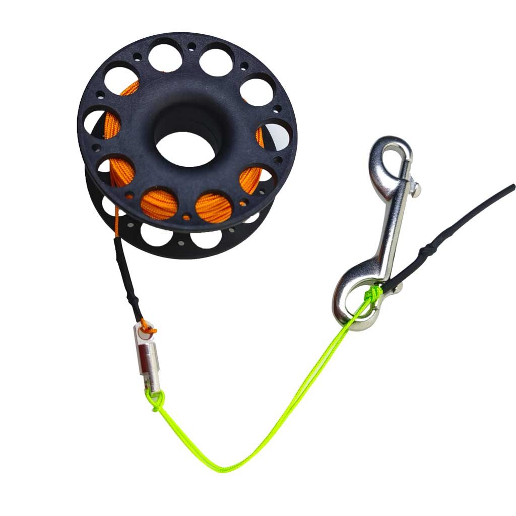Carrete de buceo de 30M, carrete de dedo con gancho de doble punta de acero inoxidable, equipo de snorkel técnico, carrete de línea guía de buque de cueva: Amarillo claro