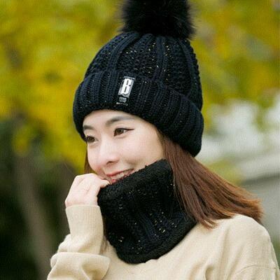 Neck warm Balaclava knitted winter hat Big Fur pom poms ball Knitted hats scarf set women Beanie Hat thick Skullies female cap: black Hat and Scarf