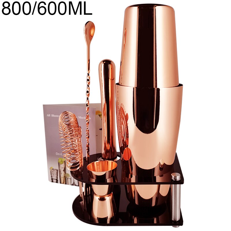 Stainless Steel Cocktail Shaker Set 550/750ml With 15/30ml Measuring Cup Jigger Kit Wine Spoon Strainer Muddler Bar Tools: 7P RG 800600ML Stand