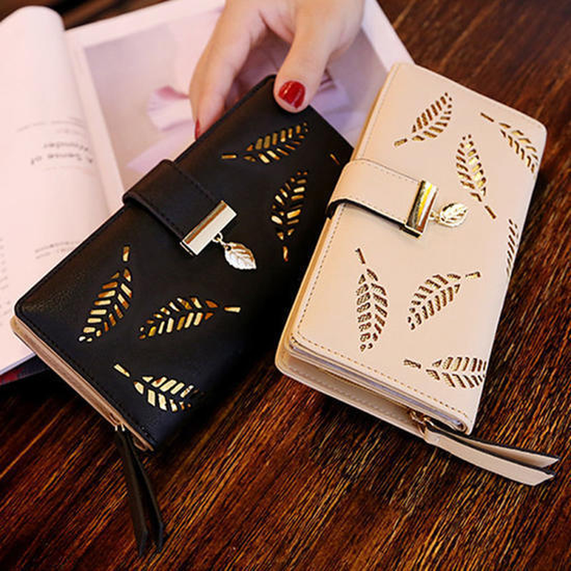 Women's Wallet PU Leather Purse Lady Girl Female Long Wallets Hollow Leaves Coin Purse Card Holder Clutch