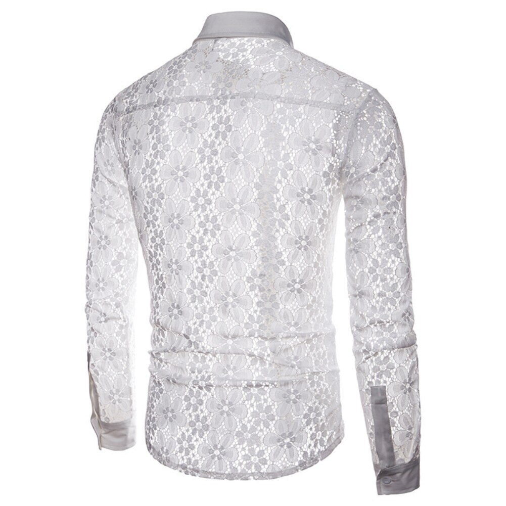 Men Sexy Shirts Long Sleeve Solid Color Lace Mesh See Through Clubwear Buttons Down Shirt Slim Party Transparent Shirt Tops