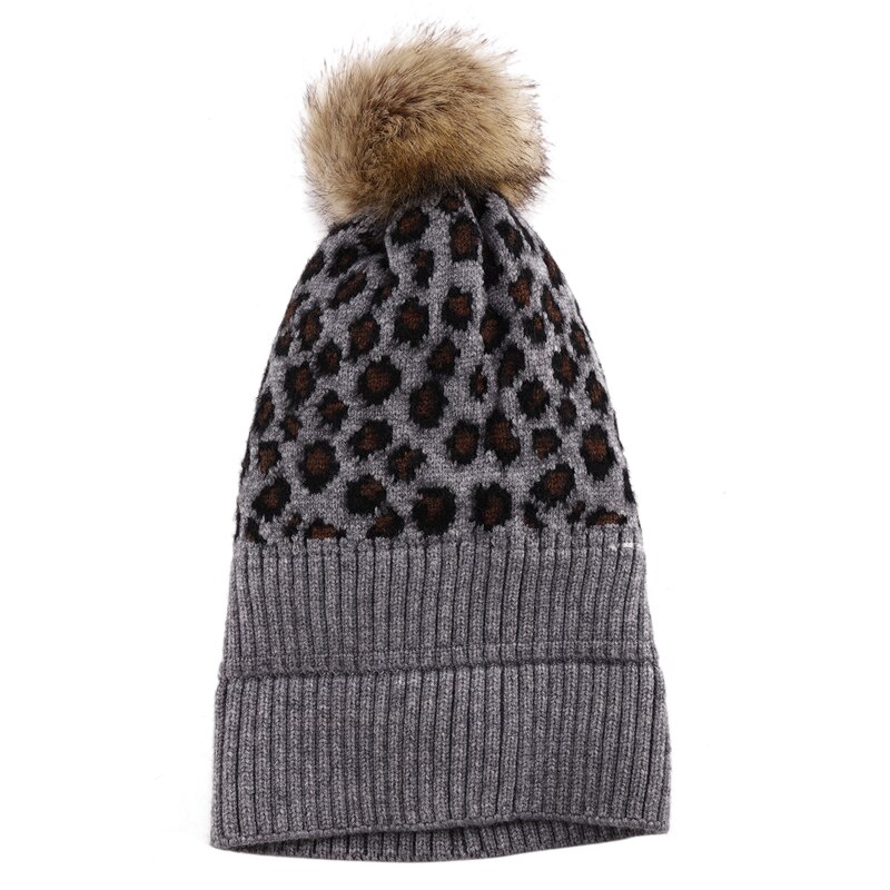 Cappello leopardato a tesa larga in lana morbida autunno e inverno da donna, stampa leopardata e palla di peluche