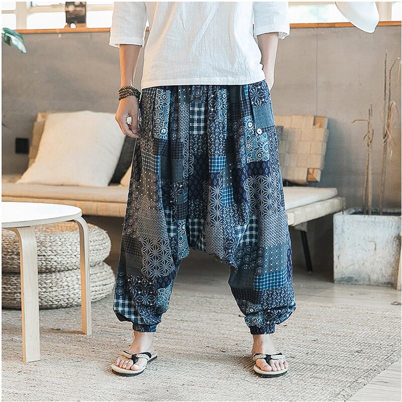 Miesten haaremihousut haarataskut lenkkeilijät printti vapaa-ajan housut miesten löysät hip hop roikkuvat boho puuvillapellavat leveät lahkeet housut