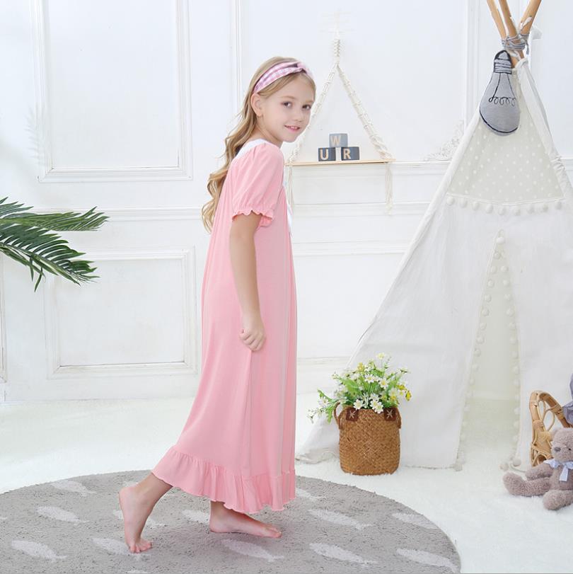 Meisjes Kant Patchwork Katoen Nachtjapon Kinderen Korte Mouw Zomer Slaap Jurk Kinderen Thuis Kleding 3-12Y Ws1403