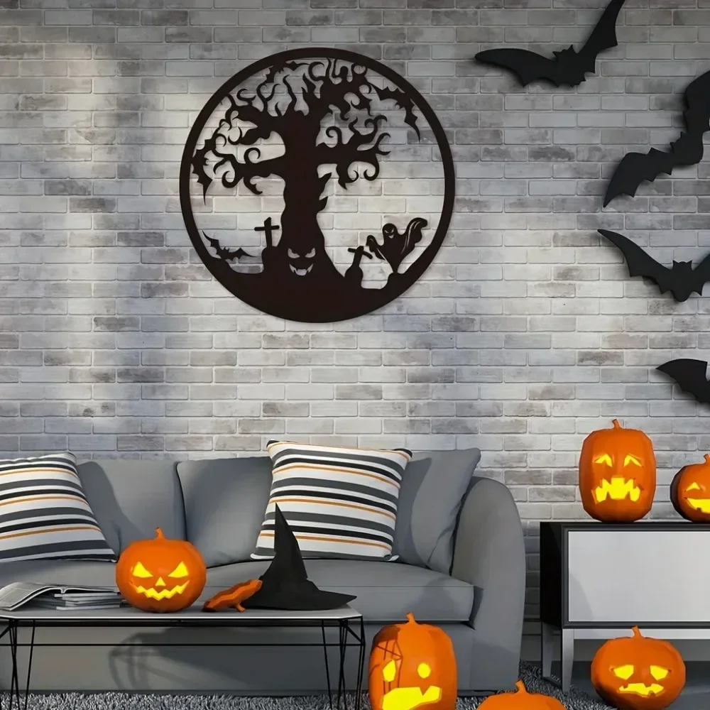 Eerie Metal Halloween Tree Wall Hanging Decor: Mysterious Black Iron Artwork for Home and Living Room Decoration
