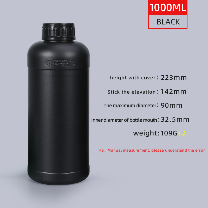 Bouteille de réactif en plastique noir 100ML-1000ML, flacon de alimentaire avec vis HDPE et bouchon, rechargeable, 1 pièce: 1000ML