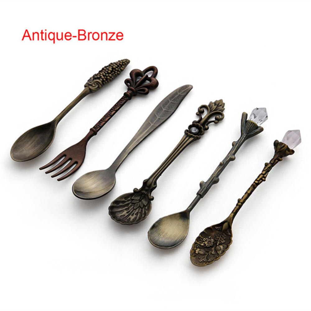 6 stk / sæt vintage skeer gaffel mini royal stil metal guld udskåret kaffe frugt dessert gaffel køkkenredskab teskefuld ske: Bronze