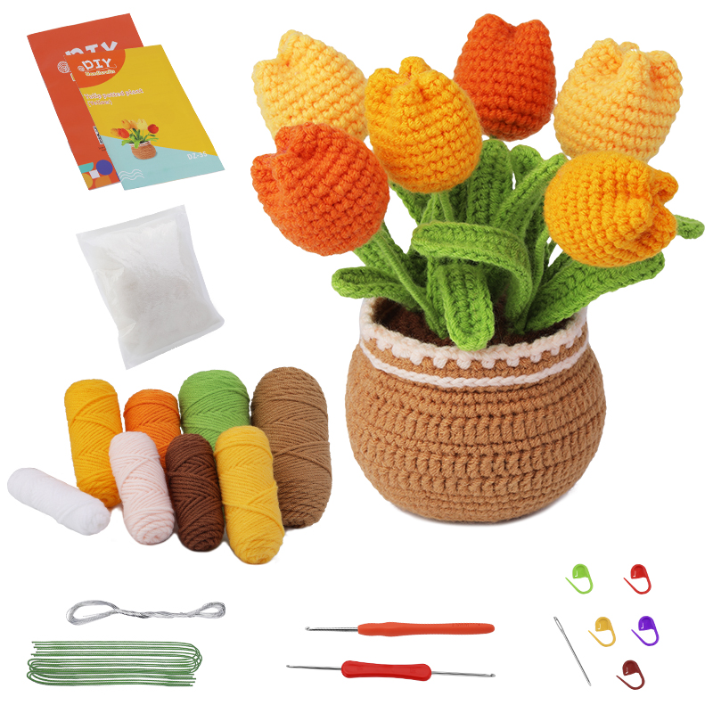 Kit de punto de ganchillo en maceta de flores para principiantes completos, principiantes, tutorial de Video paso a paso: Gris oscuro
