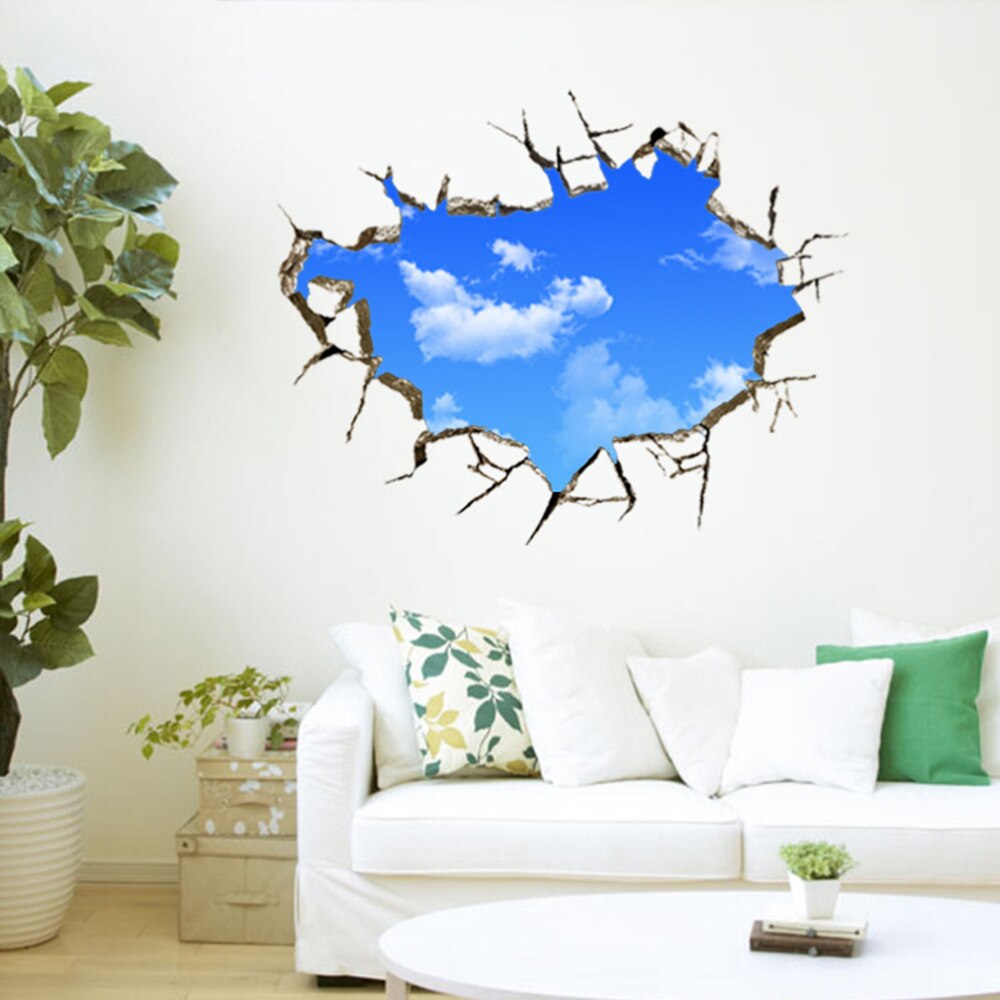 Window Hole Stickers Landscape Blue Sky White Cloud 3D Wall Sticker Home Decal For House Living Room Roof Decals