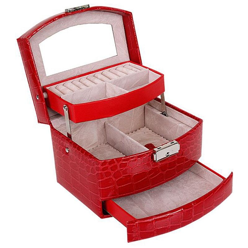 Eleg-automatisk læder smykkeskrin tre-lags opbevaringsboks til kvinder øreringe ring kosmetisk organisator kiste til dekorationer: Rød