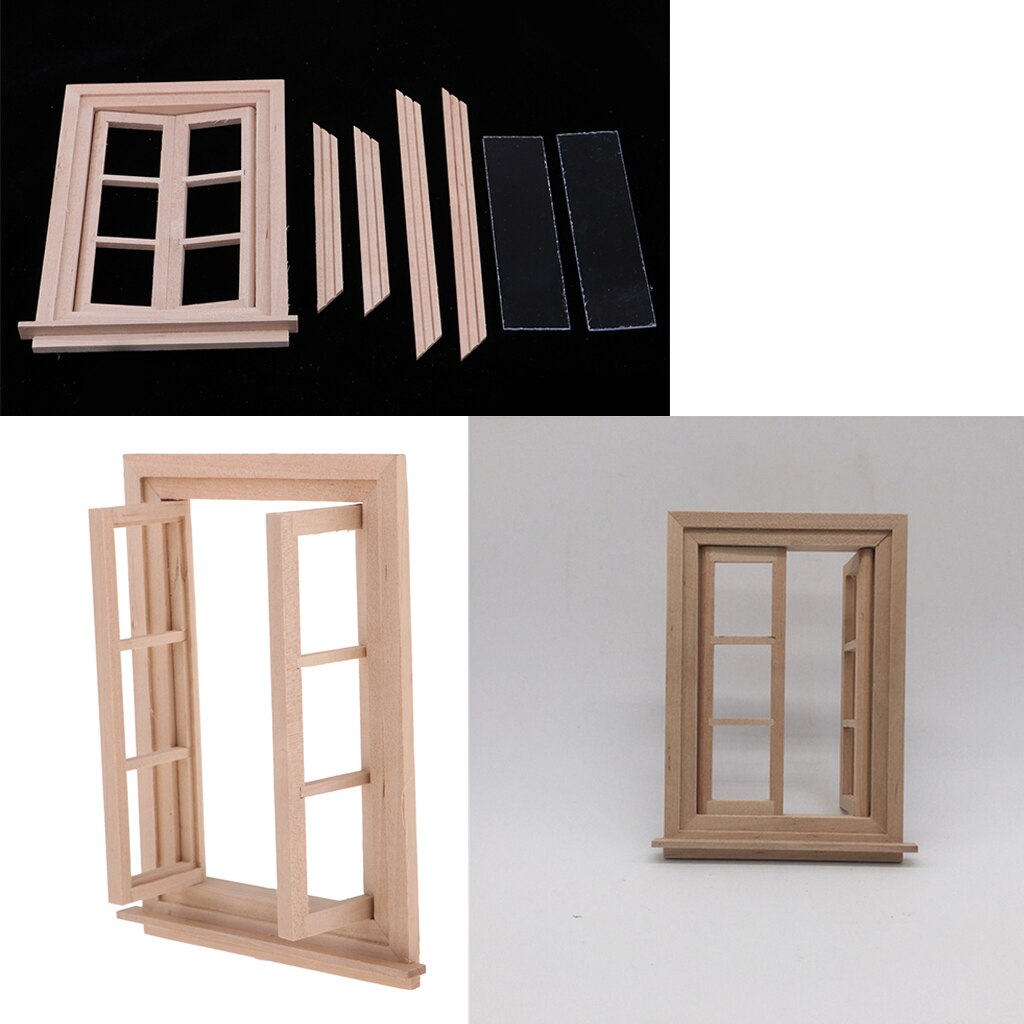 3 stuks 1/12 poppenhuis miniatuur ongeverfd hout 6 ruiten dubbel raamkozijn