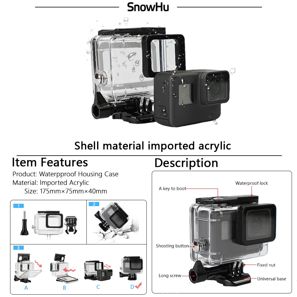 Snowhu för gopro tillbehör set för gopro hero 7 6 5 vattentätt fodral skydd ram monopod för go pro hero 7 6 5 gs73
