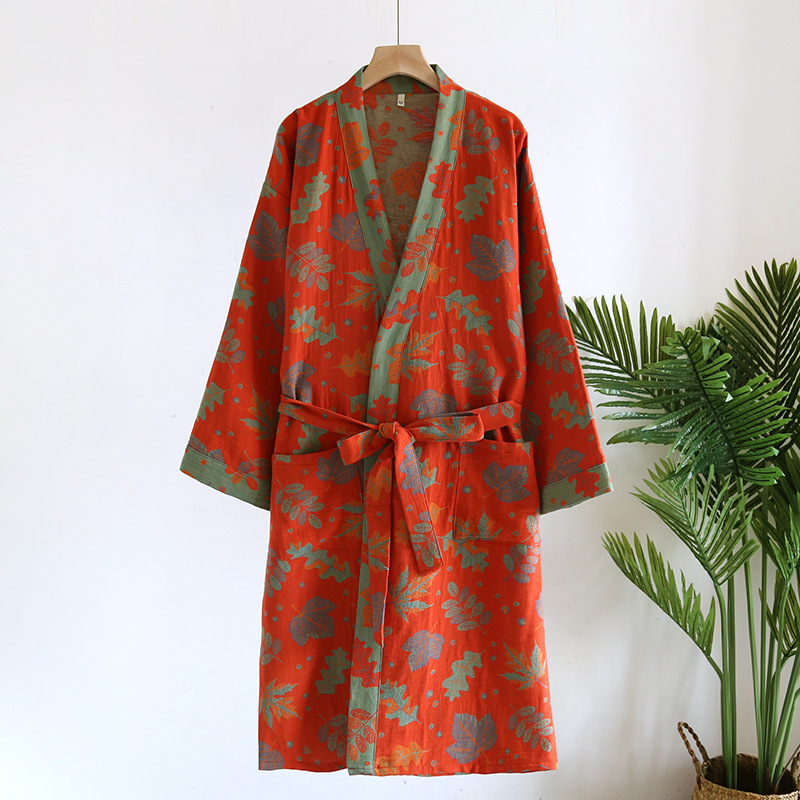 Batas de algodón puro para mujer, albornoz de manga 3/4 para primavera y otoño, batas de mañana estampadas para mujer, ropa holgada para el hogar, batas para dormir: L / Naranja