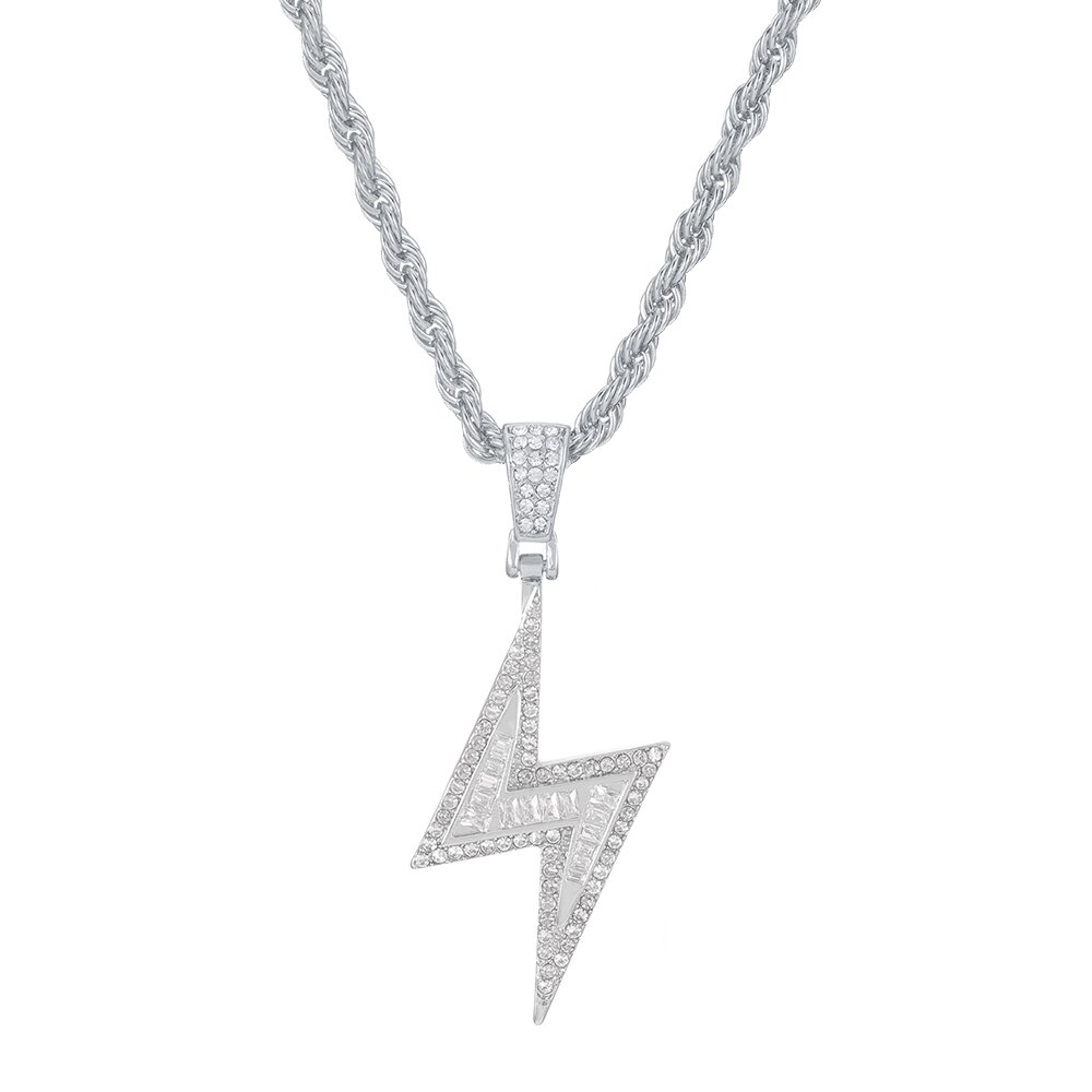 Hip Hop Lightning Pendant Necklace Gold Tennis Chain Iced Out Rhinestone Necklaces for Women Men collares de moda: Rope Chain Silver / 16inch(40cm)