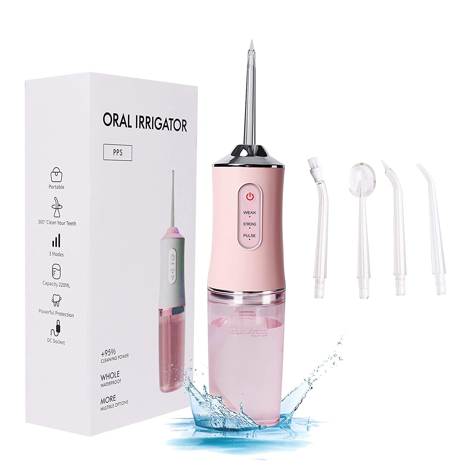Oral Irrigator USB Rechargeable Water Flosser Portable Dental Water Jet 230ML Water Tank Waterproof Teeth Cleaner: Pink with 4tips