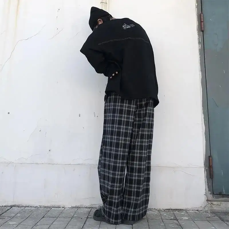 Calças xadrez soltas para as mulheres, casual e chique, oversize, perna larga, harajuku, cintura alta, estilo hip hop, verão, s-3xl
