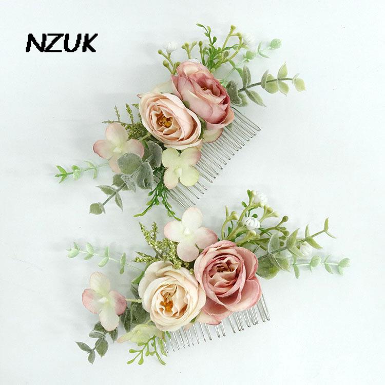 Nzuk Handgemaakte Bruiloft Haar Sieraden Bruids Haar Kam Dusty Rose Bloemen Hoofddeksel Accessoires Peigne Cheveux Mariage