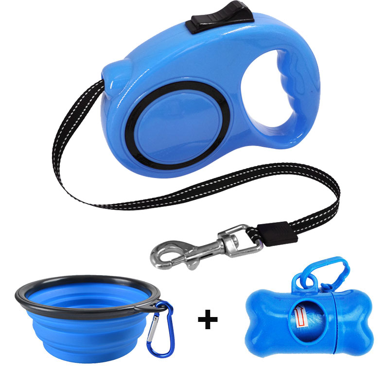 Intrekbare Hondenriem Met Hond Afvalzak Dispenser En Tassen + Hond Kom Zware Walking Leash Voor Honden Pet puppy Leash 3M/5M: Blue 2 / 5M