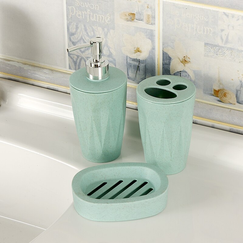 3 stk / sæt badeværelsestilbehør hvedehalm bpa fri sæbeopvask dispenser tandbørsteholder vaskerumdragt: Grøn