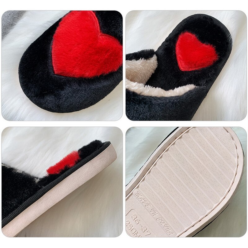 Cute Women Slippers Love Heart Cotton Winter Fur Slides Ladies Home Furry Slippers Warm House Indoor Non-slip Shoes