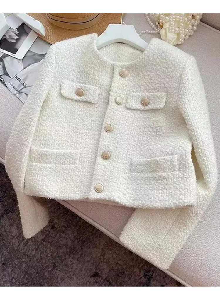 Smthma koreansk chic kvinnlig tweed basjacka kappa damkläder catwalk-stil ylle ytterkläder: M / Elfenben