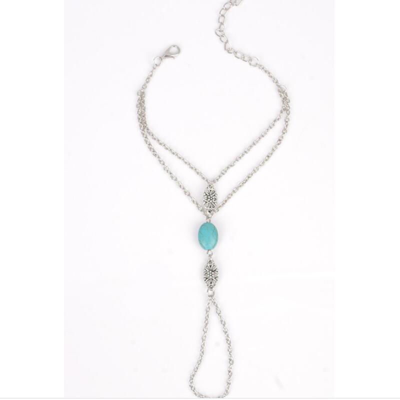 Mode Ketting Armband Punk Verzilverd Vrouwen Metalen Hand Harness Ketting Groene Steen Kralen Slave Vinger Ring Boho Sieraden