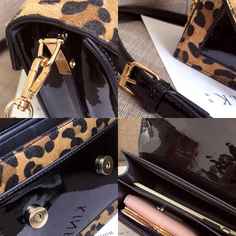 Leopard Crossbody Bags For Women With Zipper Decoration Ladies Chain Handbags And Purses Patent Leather Small Shoulder Bag