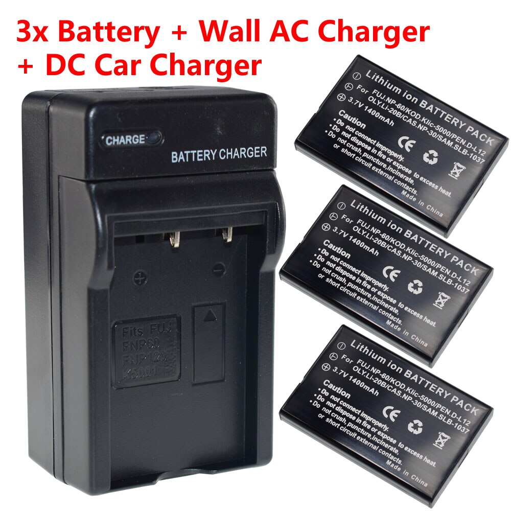 3Pcs FNP-60 NP60 Battery + AC Wall Charger for Fujifilm NP-60 for Kodak KLIC-5000 for Samsung SLB-1137 for Olympus LI-20B