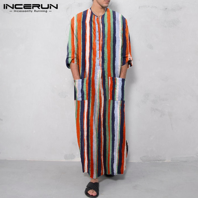 Mannen Saudi Stijl Gestreepte Jubba Thobe Mannen Zakken Abaya Moslim Kaftan Robe Lange Mouwen V-hals Islamitische Arabische Kleding 5XL incerun
