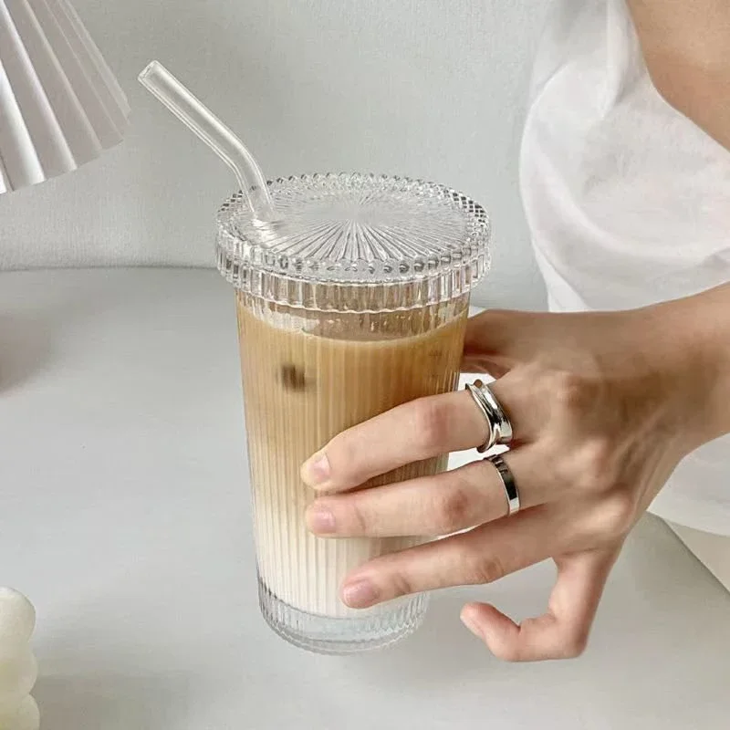 Taza de vidrio a rayas de 375Ml con tapa, Pajita de estilo japonés para beber, tazas elegantes para leche, café, té, de cumpleaños, vasos de whisky