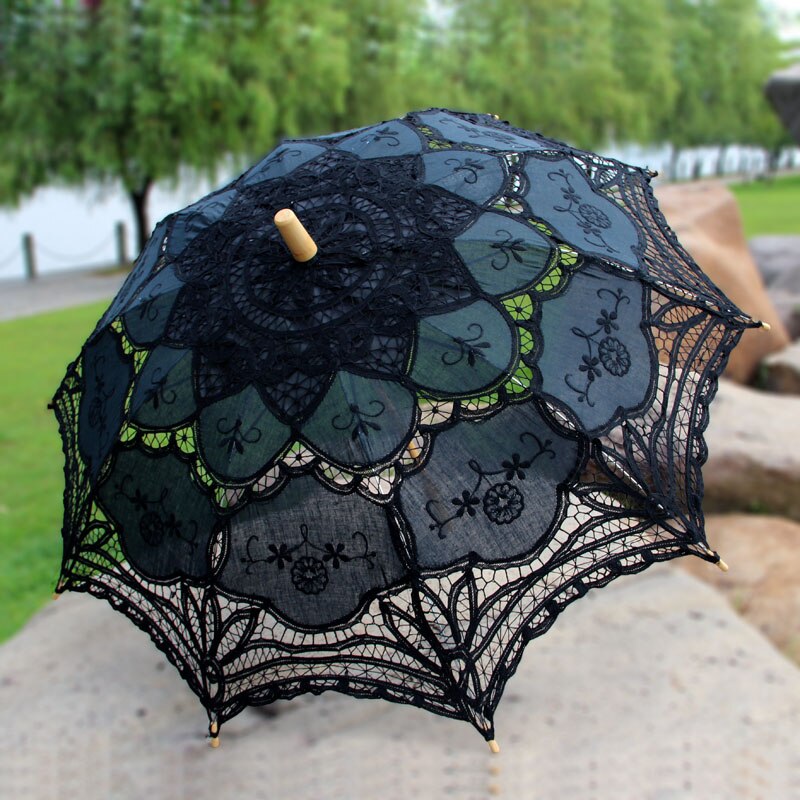 Viktorianischen Stickerei Blume Battenburg Spitze Sonnenschirm Mit Spitze Dekoration Party Braut Dusche Foto Stütze Braut Regenschirm: A0101 Schwarz