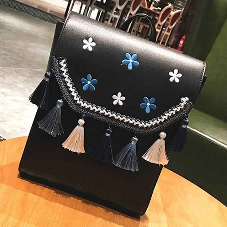 Sommer Neue Gestickte Rucksack Weiblichen Koreanischen Stil Multi-Zweck Quaste Pu Kleinen Rucksack Lässig Schul: schwarz