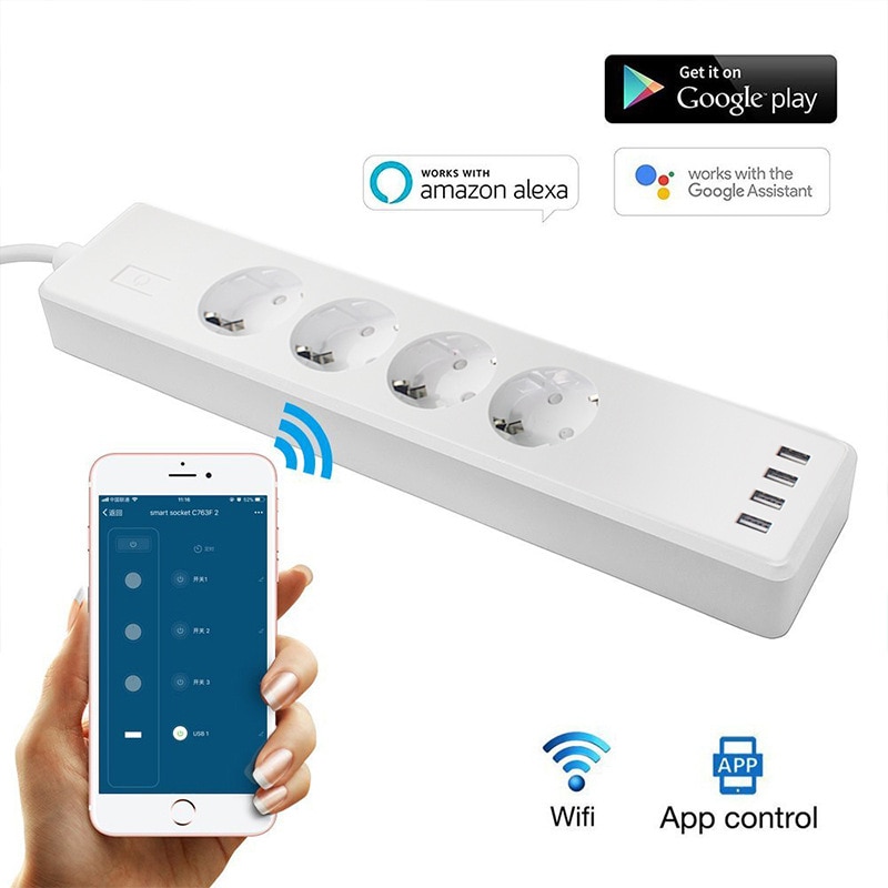 Wifi Smart Power Strip 4 EU Outlets Plug with 4 USB Charging Port Timing App Voice Control Work with Alexa Google Home Assistant