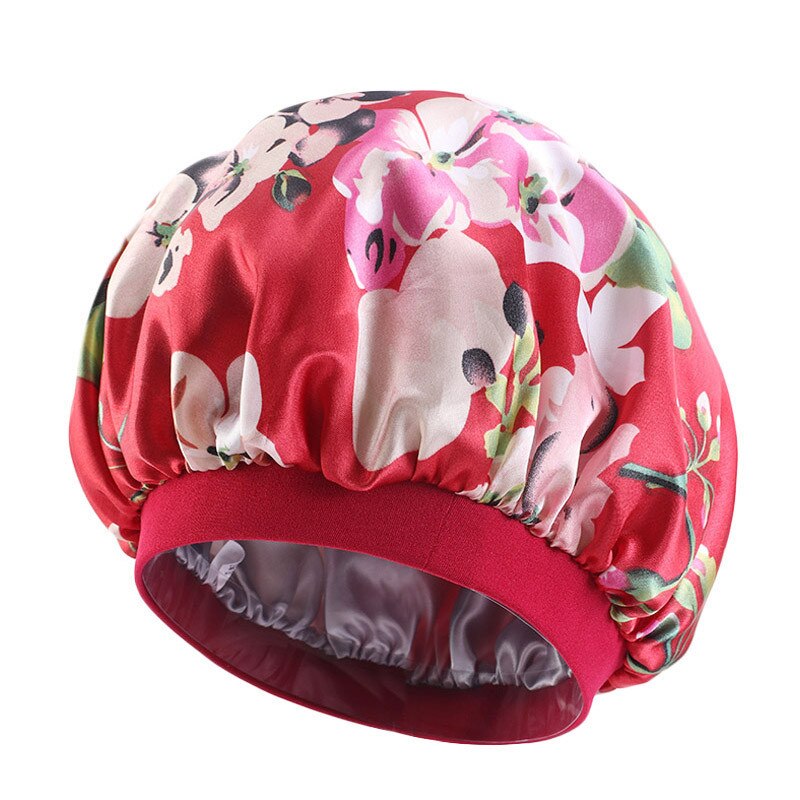 Oversized Double-layer Shower Cap, Stretch Wide-brimmed Satin Night Cap, Turban Cap: Red flower