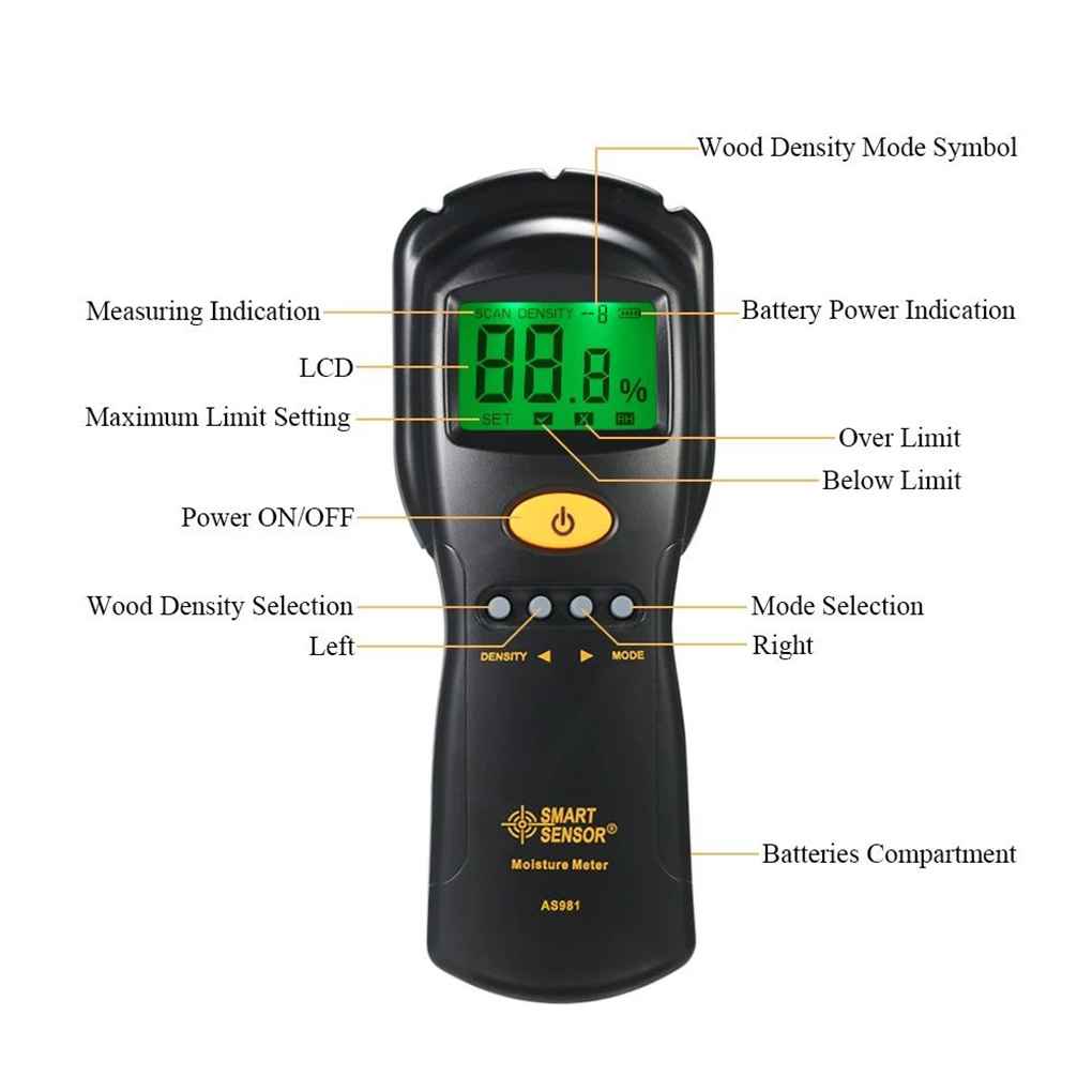 SENSOR inteligente AS981, medidor de humedad de madera, LCD inductivo, Digital, Mini Detector de humedad de madera, rango de prueba 2-70%
