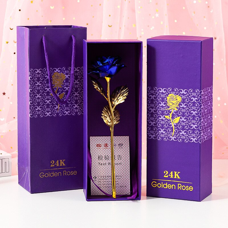 Rosa chapada en oro de 24k con caja, romántico de San Valentín, suministros festivos para , aniversario, novia, esposa,: Azul