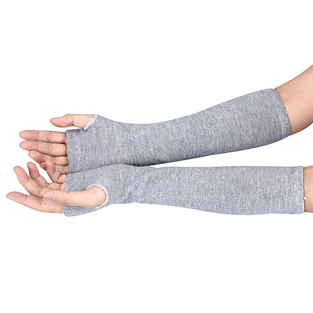 Kvinder lange ærmer stribede fingerløse handsker dame elastisk blød strikket håndled armvarmer  fs99: Lysegrå