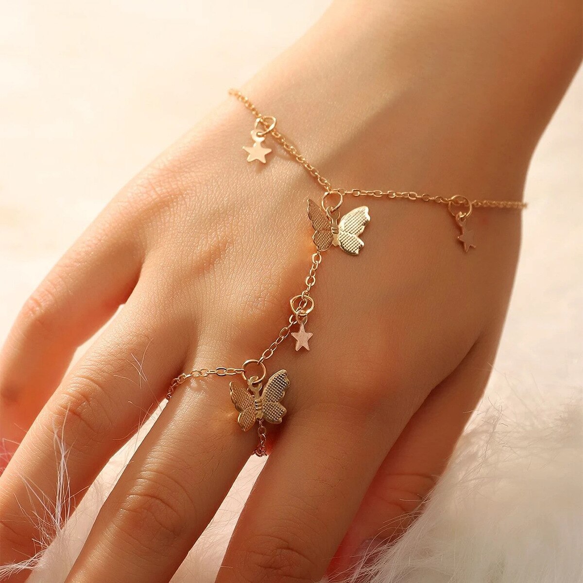 Gold Snake Wrist Chain Bracelet Butterfly Moon Star Pendant Connected Metal Finger Ring for Women Hand Jewelry: 5 Gold