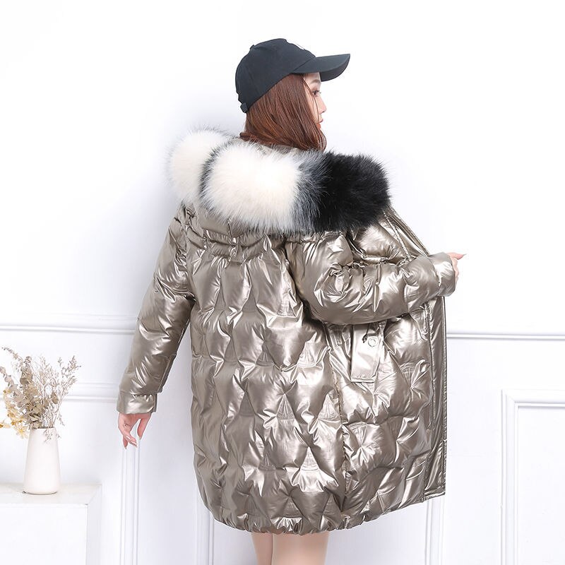 Manteau d&#39;hiver à capuche brillant pour femme, veste épaisse en or et argent, parka coupe-vent, imperméable, coton rembourré, longue tenue de neige