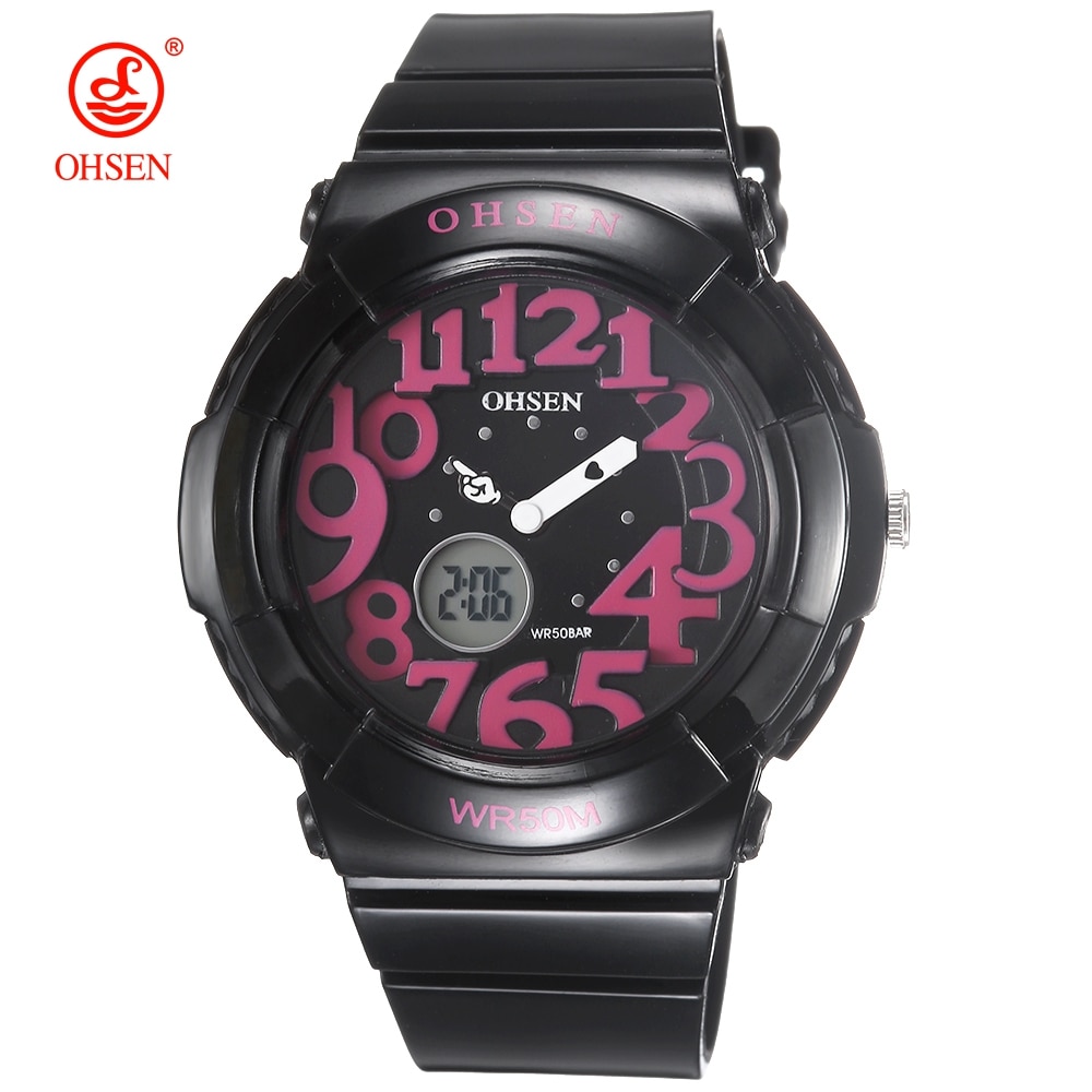 Ohsen digitaal quartz kinderhorloge voor meisjes, waterdicht, outdoor sporthorloge voor jongens, zwart siliconen dameshorloge