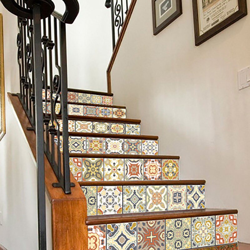 6 uds. Baldosas coloridas de estilo árabe, pegatinas creativas para escaleras, pegatinas decorativas impermeables y a prueba de aceite para el suelo