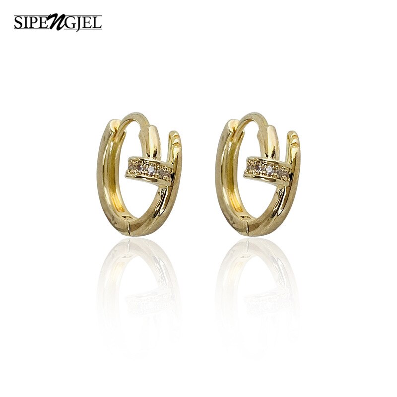 Sipengjel Mode Kubieke Zirkoon Nail Vorm Gold Hoop Oorbellen Voor Vrouwen Luxe Kleine Geometrische Oor Gesp Oorbellen Partij Sieraden