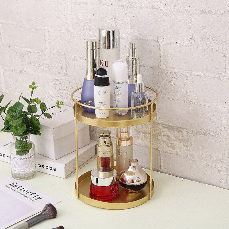Iron Art Makeup Organizer Box Round Double-Layer Make up Rangement Cosmetic Organizer Coiffeuse Desktop Perfume Display Rack