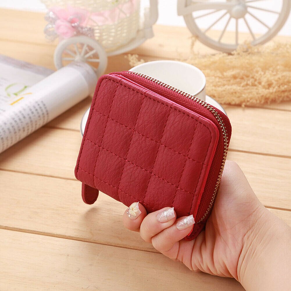 Vrouwen Dames Solid Folding Wallet Leather Zip Plaid Portemonnee Clutch Kleine Mini Kaarthouder Vrouwelijke Tas: Rood