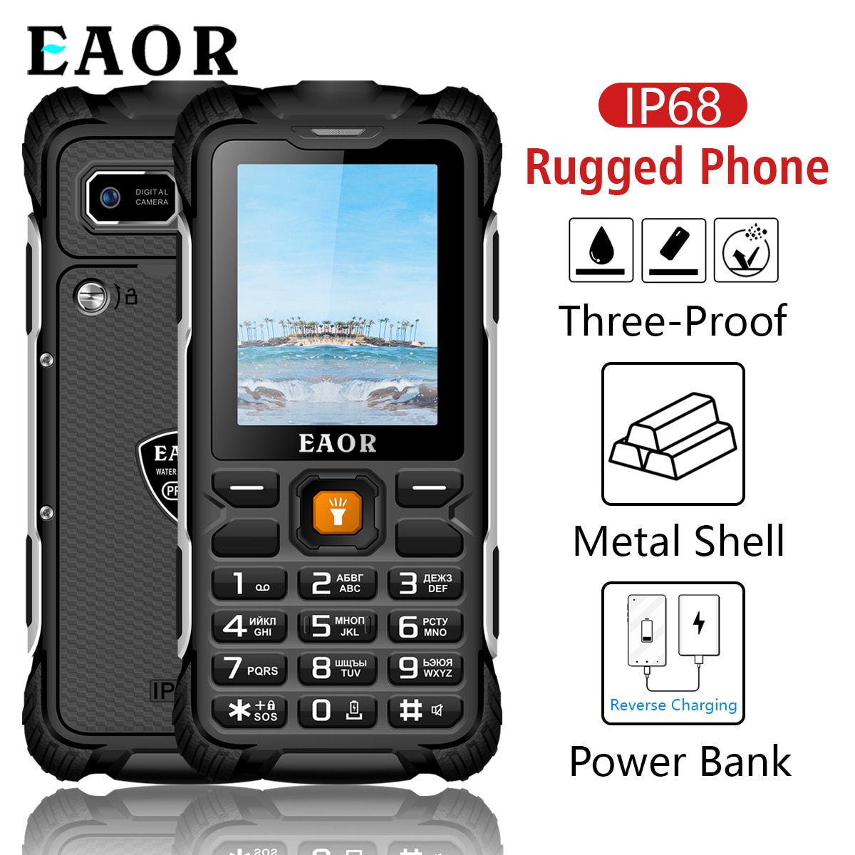 EAOR IP68 Water/Dust-proof Rugged Phone Dual SIM Card 2G Feature Phone 3000mAh Battery Support Reverse Charging Keypad Phone