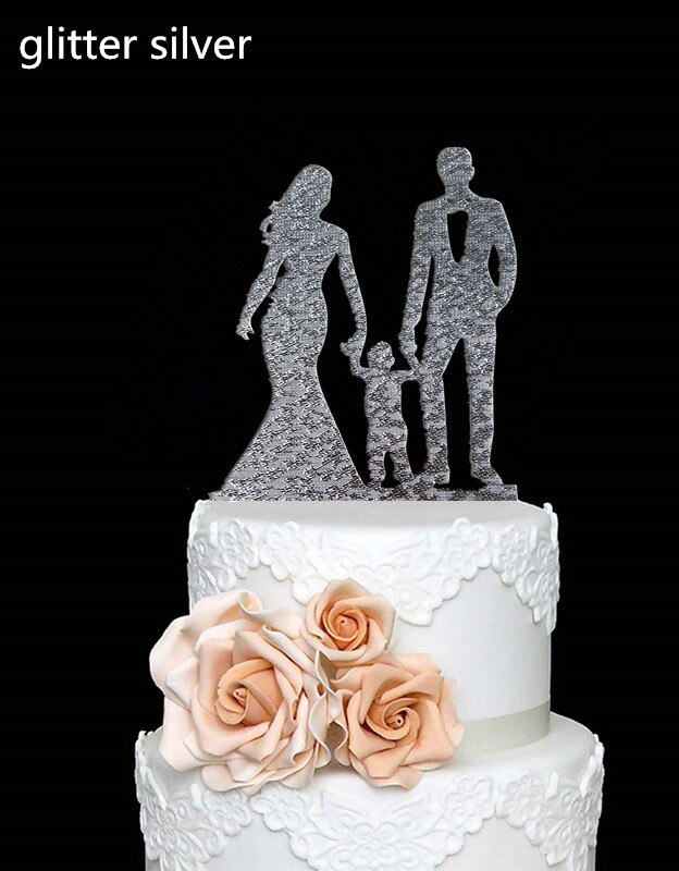 Family Style Rustic Wood Wedding Cake Topper Bride and Groom Cake Toppers with Kids Boy or Girl Cake Decorating Baby Shower: glitter silver